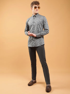 Mens Grey Slim Fit Geometric Printed Casual Shirt
