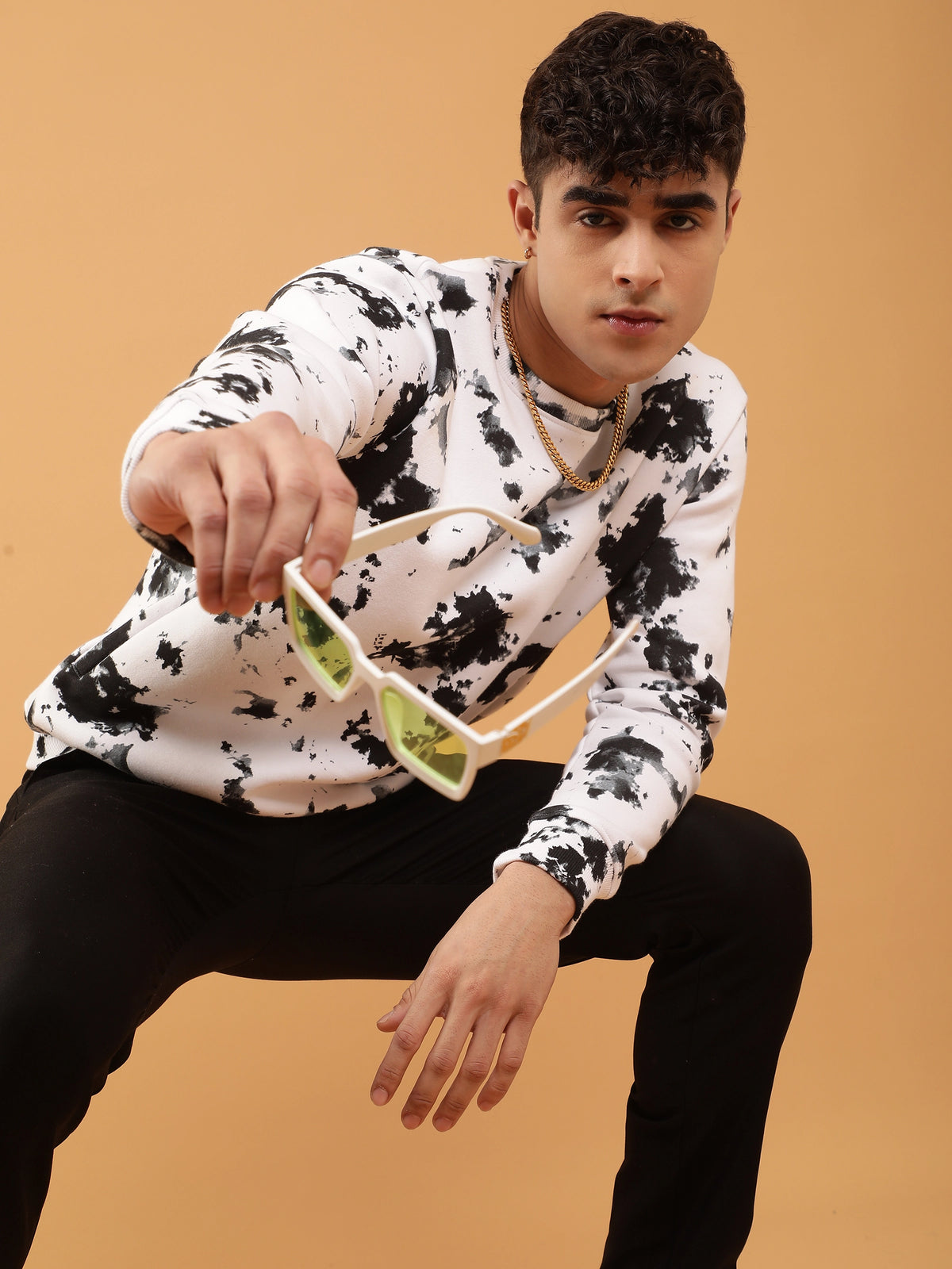 Mens Off White Tie-Dye Printed Regular Fit Fleece Sweatshirt