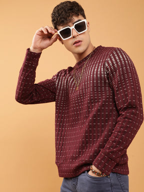 Mens Wine Crew Neck Ombre Textured Regular Fit Sweatshirt