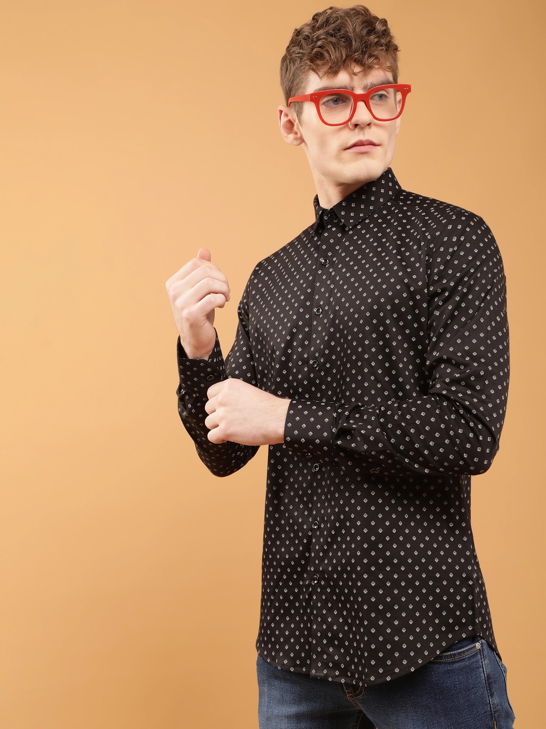 Mens Black Slim Fit Dobby Detail Formal Shirt - Global Republic