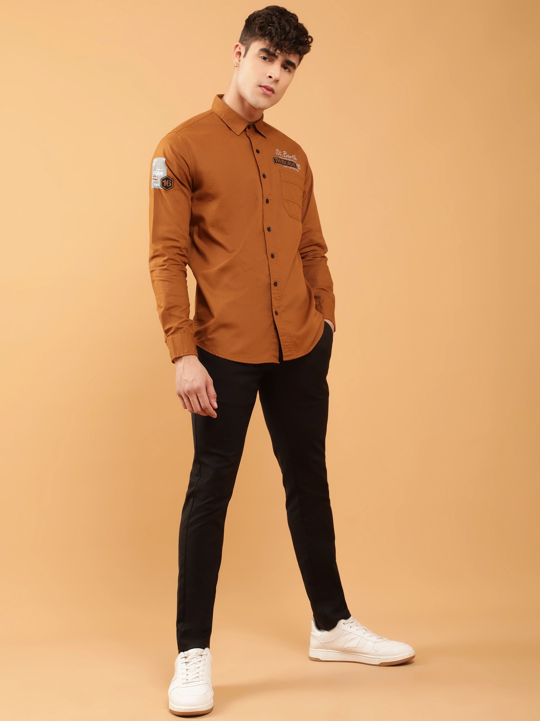 Mens Mustard Slim Fit Typographic Print Casual Shirt - Global Republic