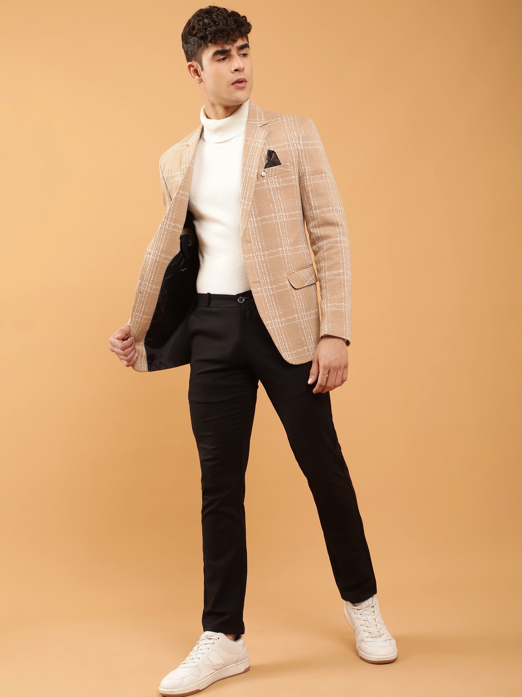 Mens Beige Tailored Fit Textured Check Pattern Coat - Global Republic