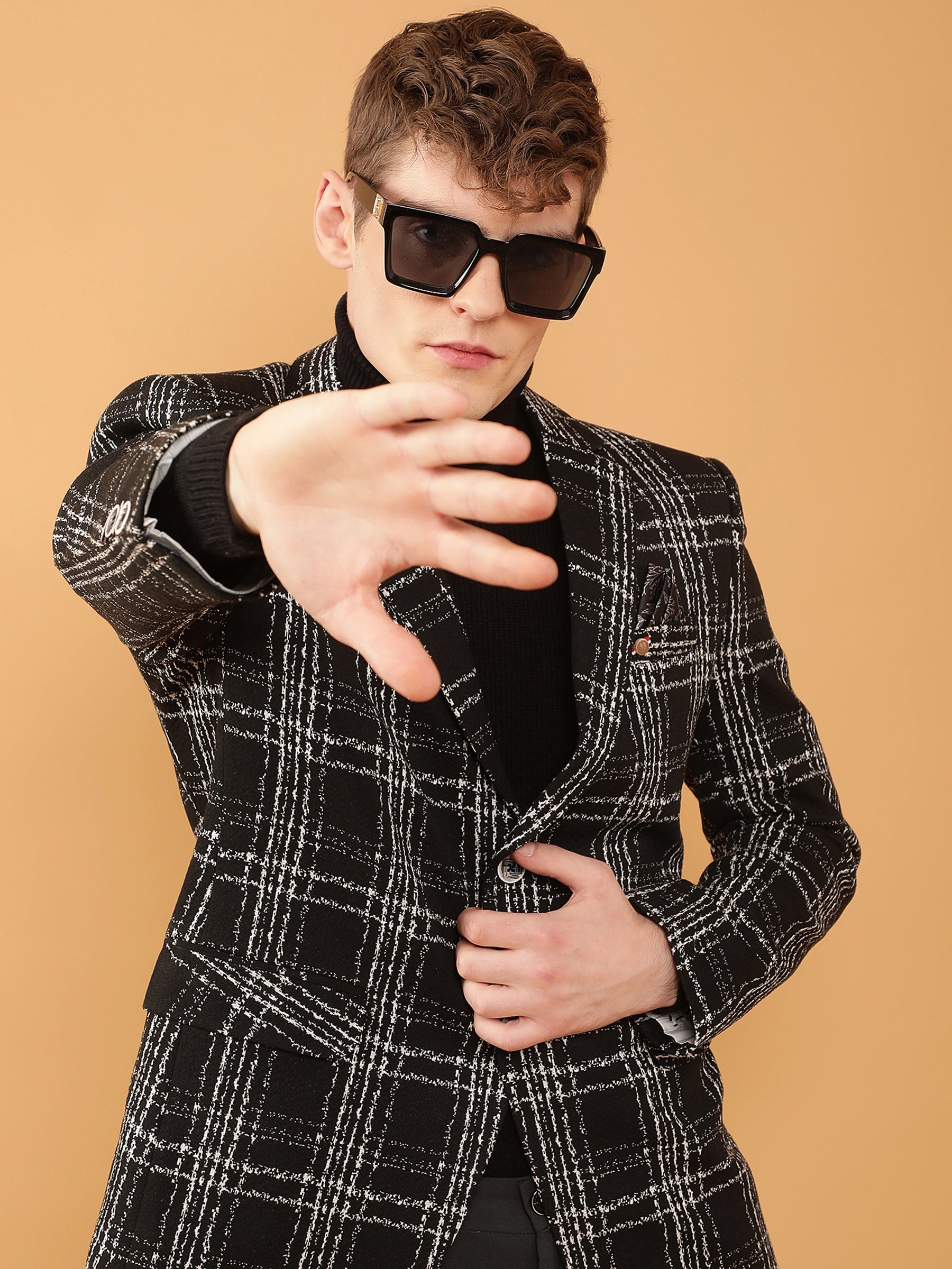 Mens Black Tailored Fit Textured Check Pattern Coat - Global Republic