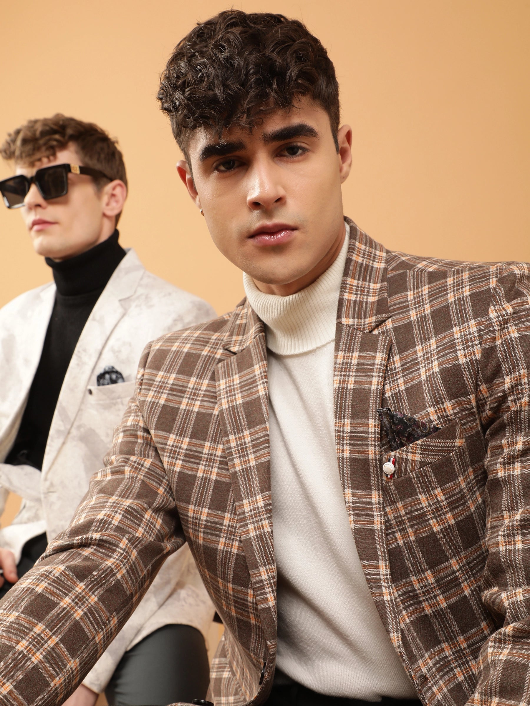 Mens Brown Tailored Fit Monochromatic Plaid Coat - Global Republic