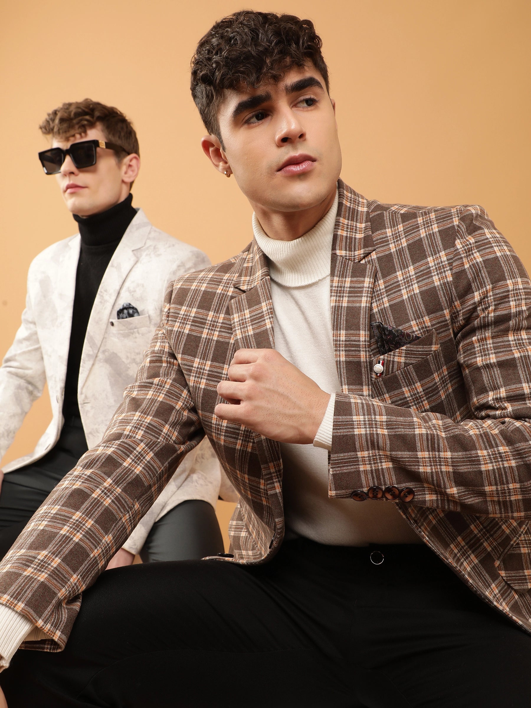 Mens Brown Tailored Fit Monochromatic Plaid Coat - Global Republic