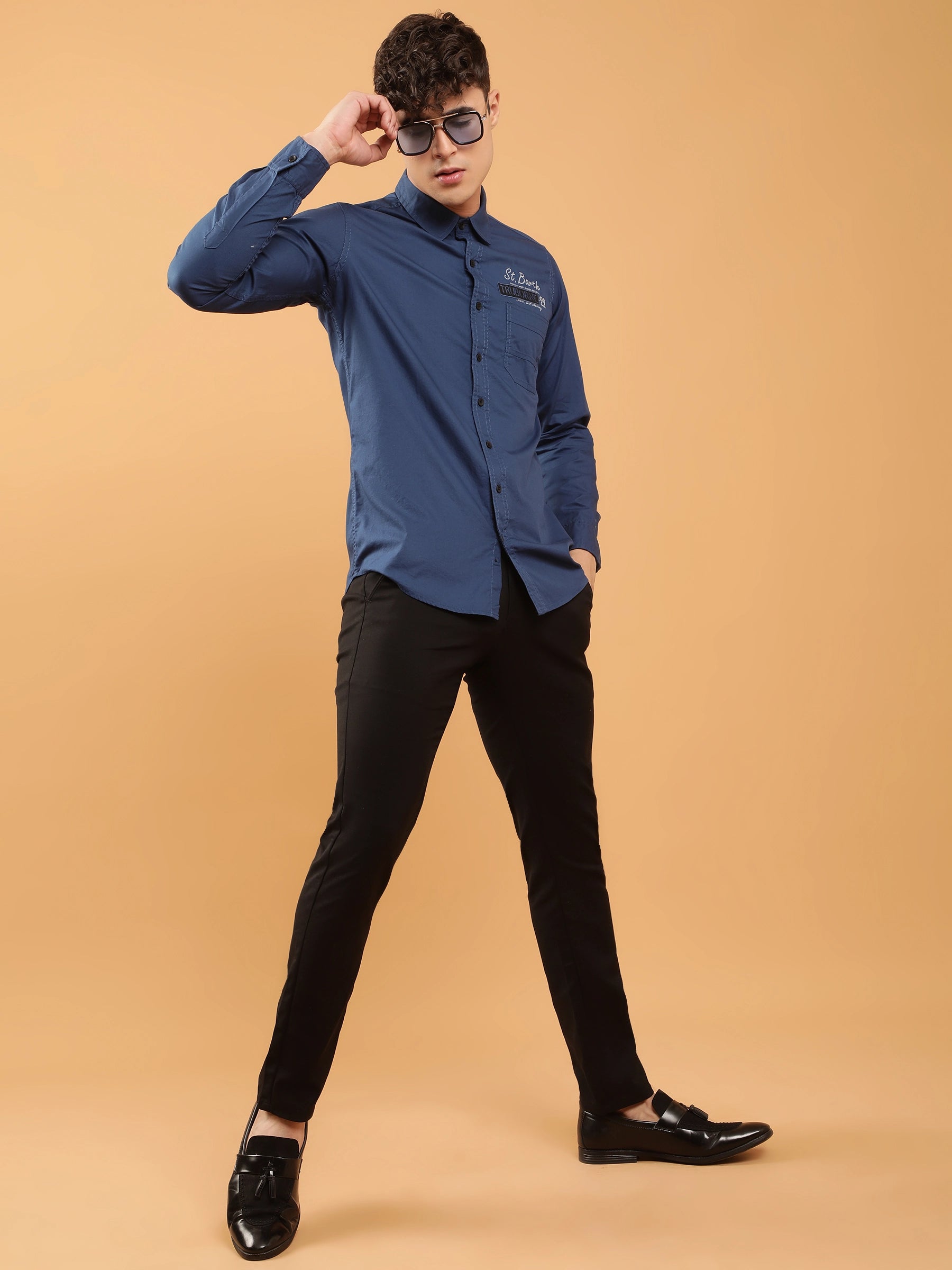 Mens Navy Blue Slim Fit Typographic Print Casual Shirt - Global Republic