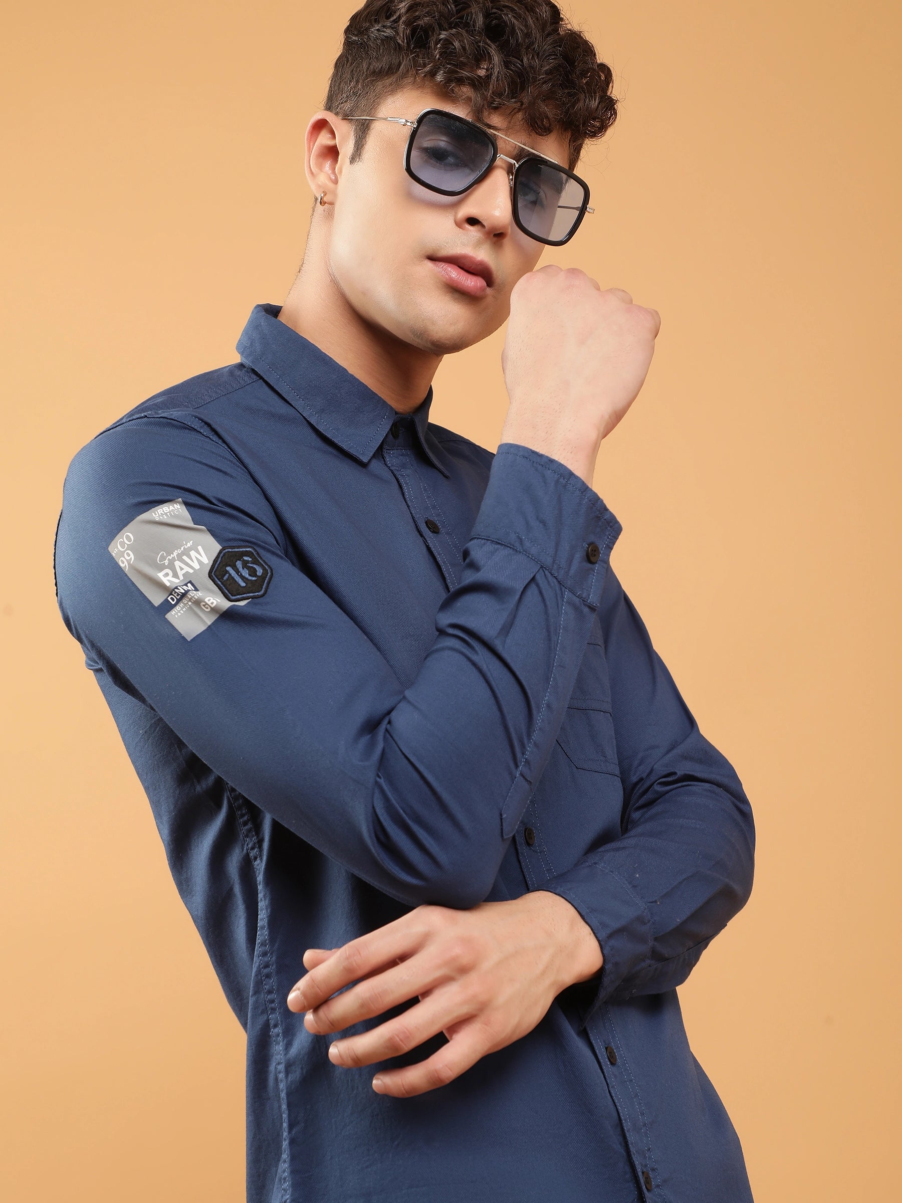 Mens Navy Blue Slim Fit Typographic Print Casual Shirt - Global Republic