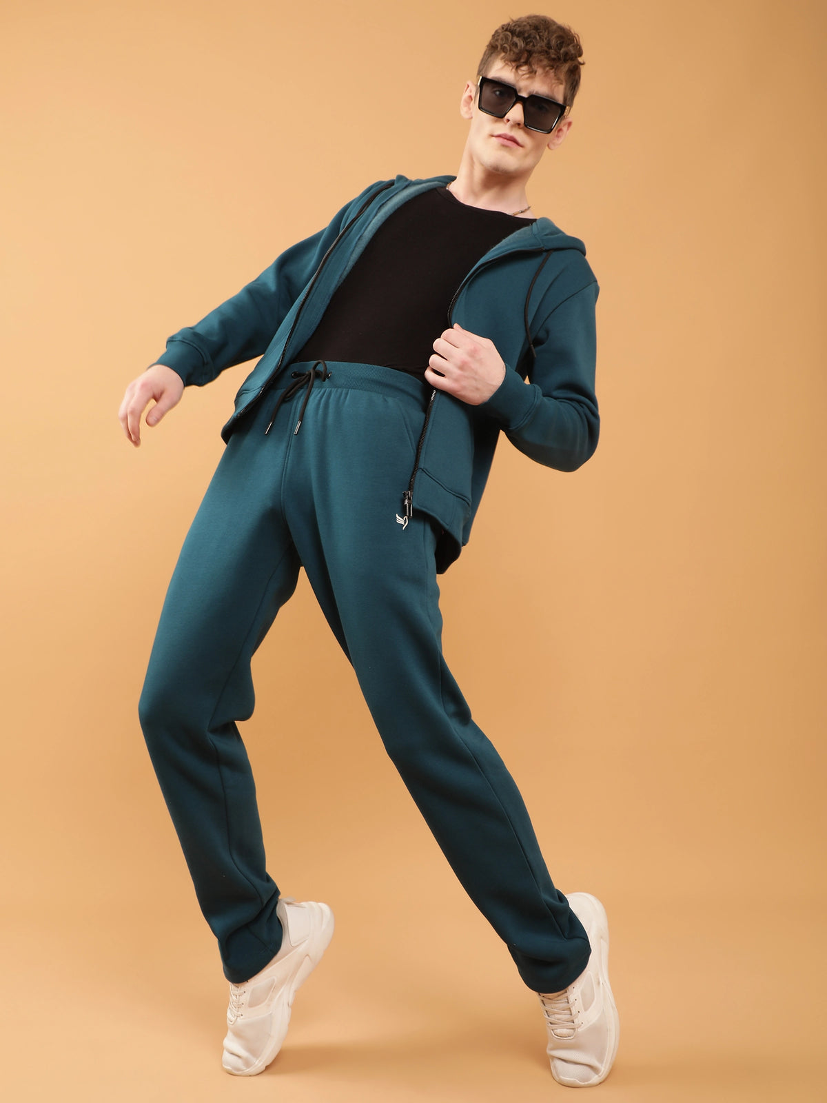 Mens Teal Solid Regular Fit Fleece Hooded Sweatshirt