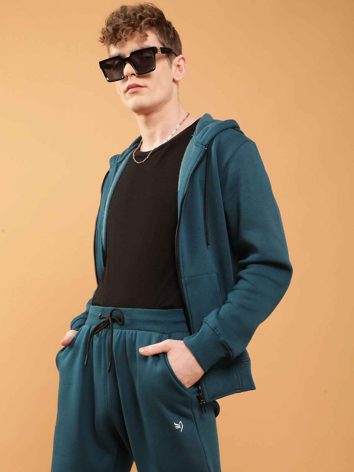 Mens Teal Solid Regular Fit Fleece Hooded Sweatshirt