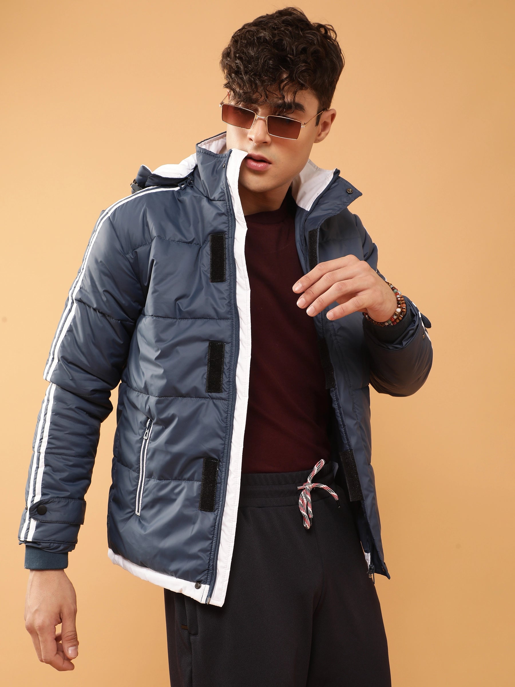 Mens Navy Blue Detachable Hood Puffer Jacket