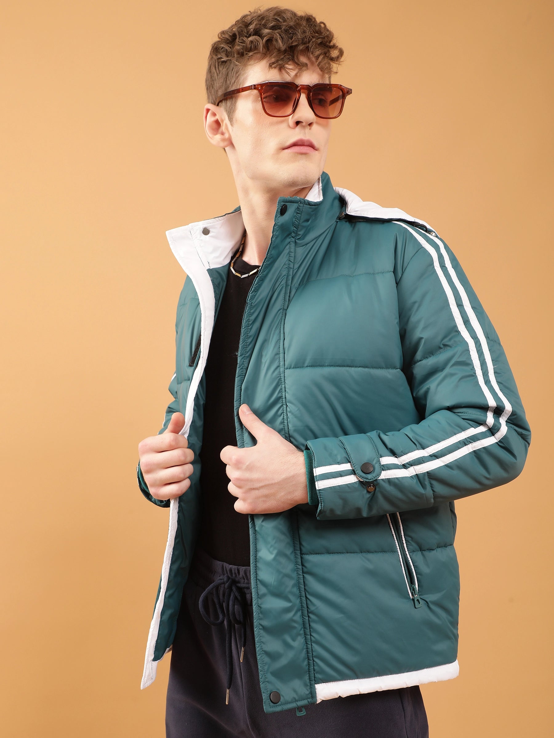 Mens Turquoise Detachable Hood Puffer Jacket - Global Republic