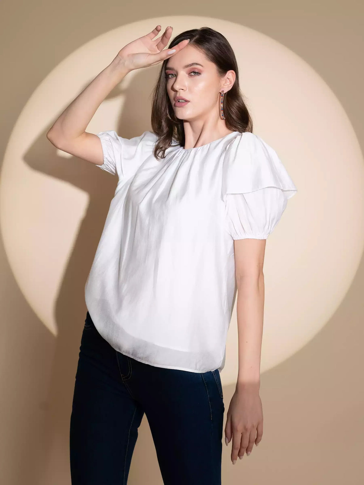 Women Flared Puffed Sleeves Cotton Blouson Top