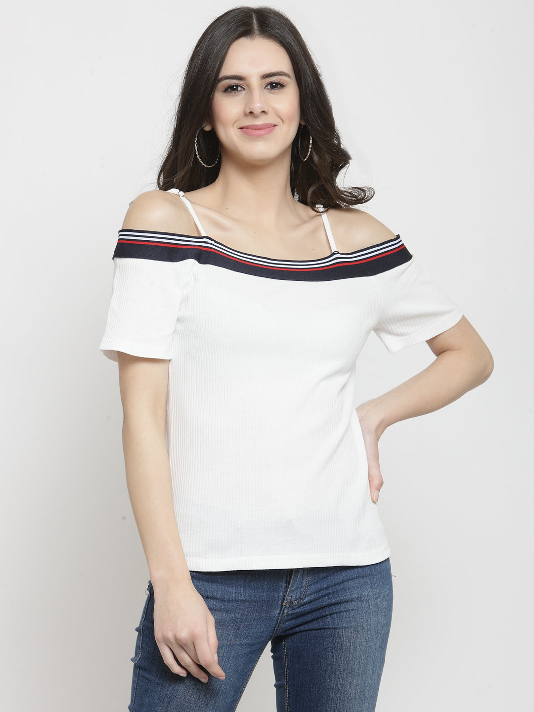 Women White Solid Off Shoulder Regular Fit T-Shirts