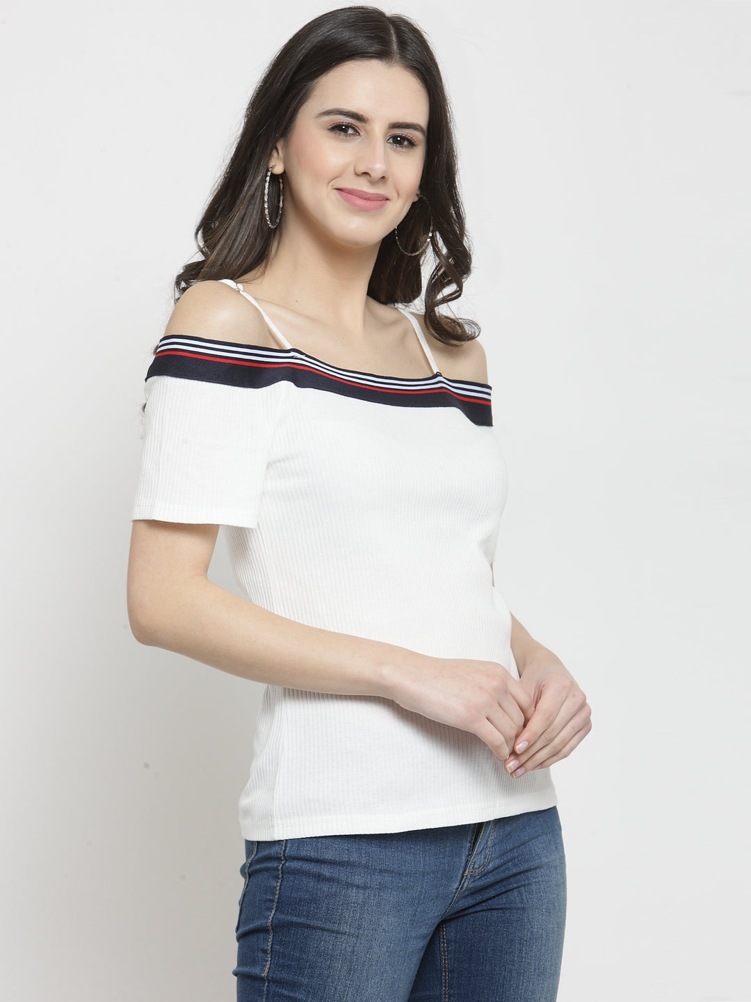 Women White Solid Off Shoulder Regular Fit T-Shirts