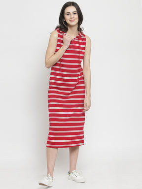 Women Red Striped Stright Fitted Dress With Hood