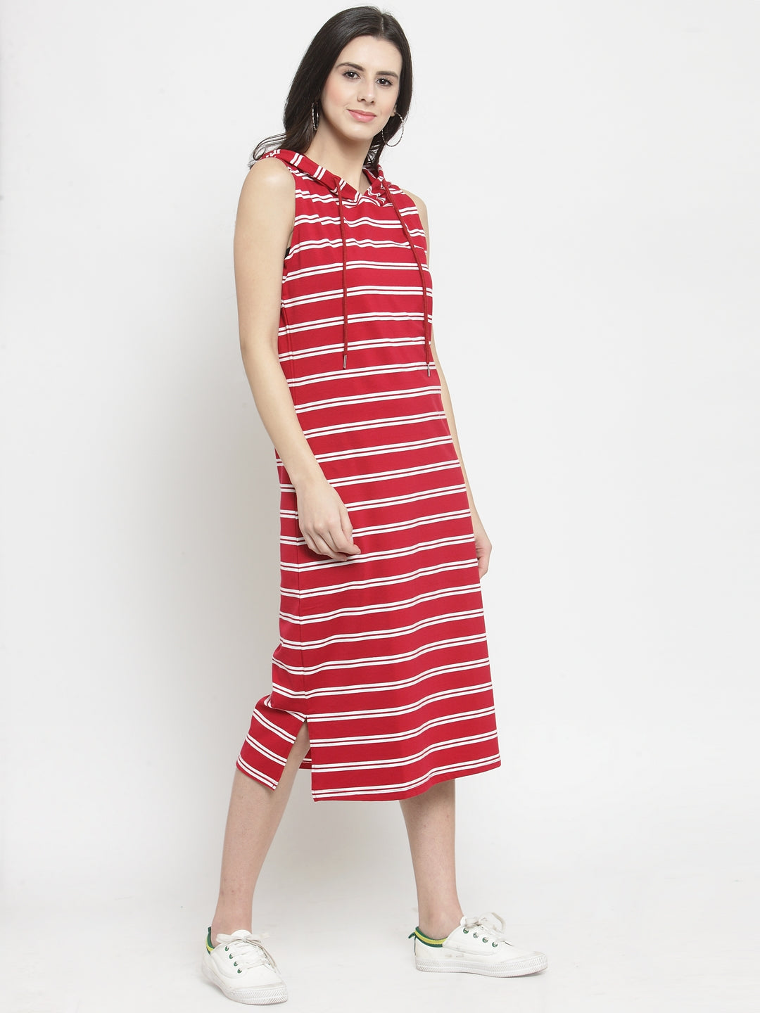 Women Red Striped Stright Fitted Dress With Hood