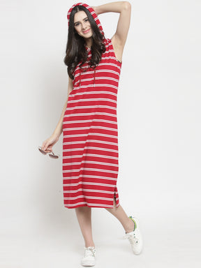 Women Red Striped Stright Fitted Dress With Hood