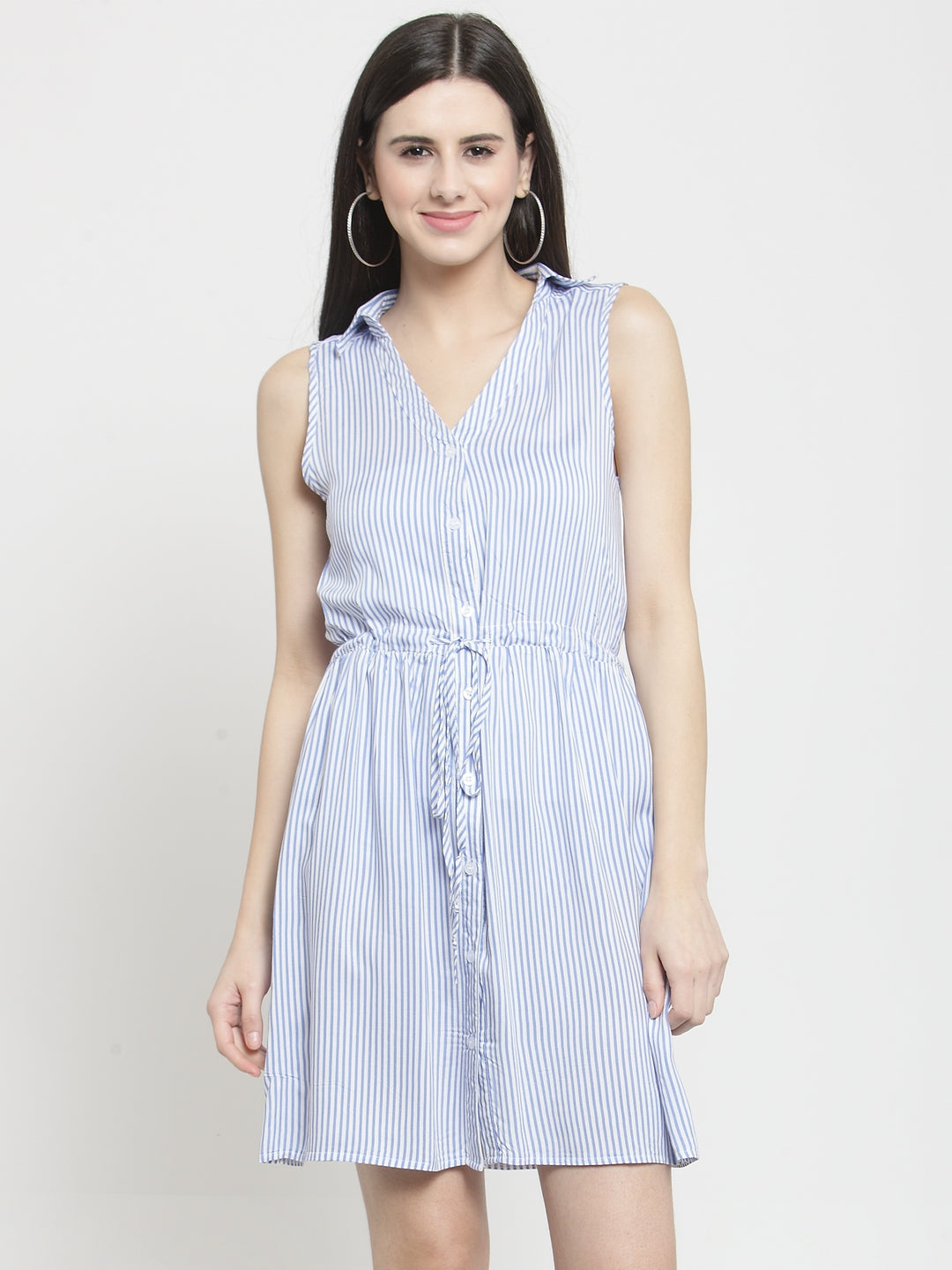 Women Blue Striped Shirt Dress
