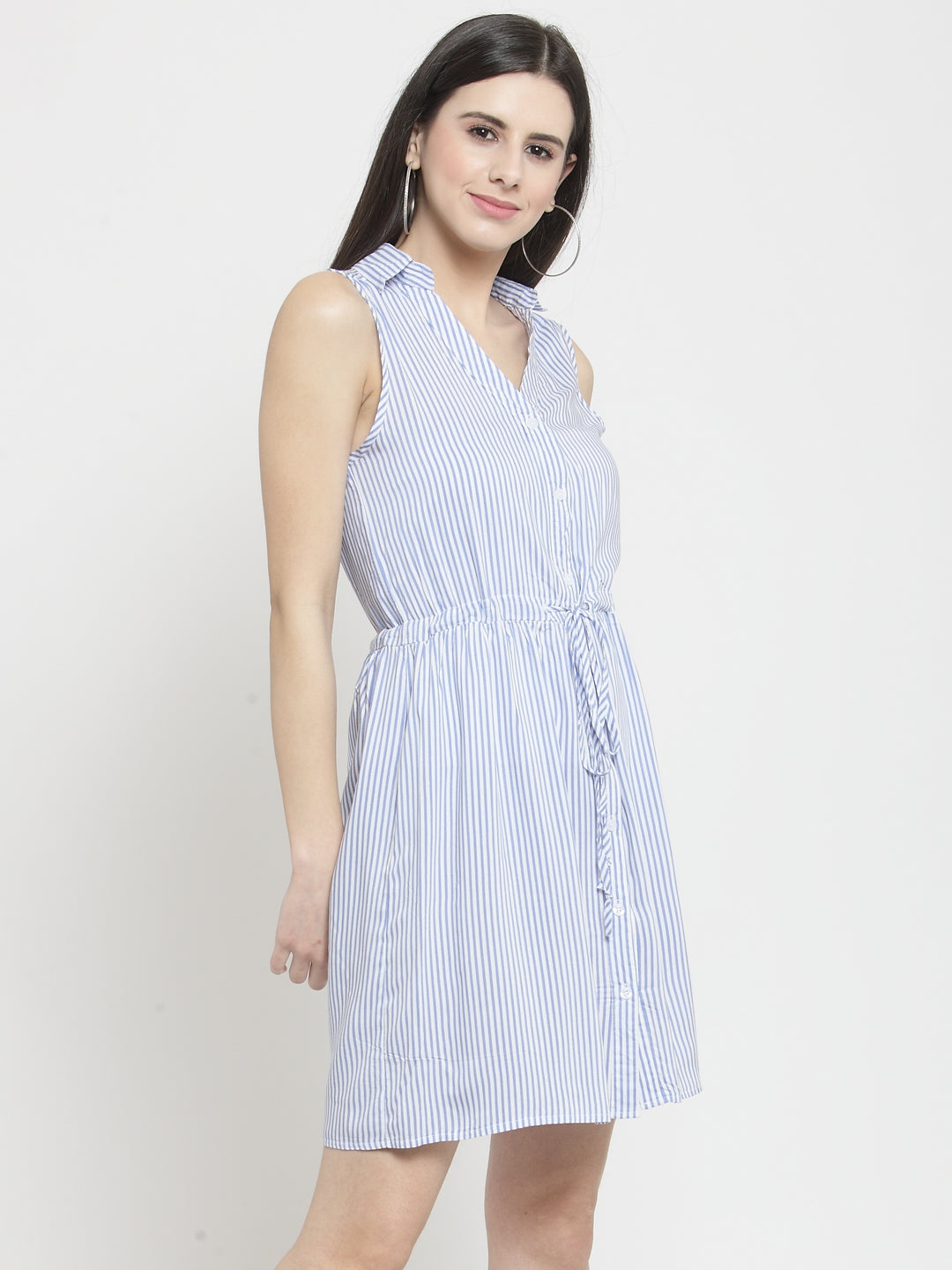 Women Blue Striped Shirt Dress