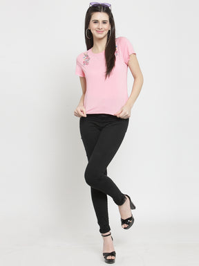 Women Pink Printed Round Neck Regular Fit T-Shirts