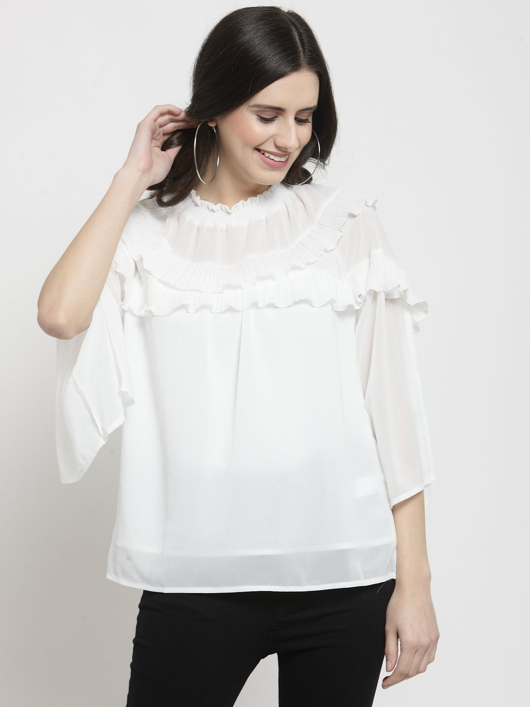 Women Solid Off-White Round Neck Top With Frills