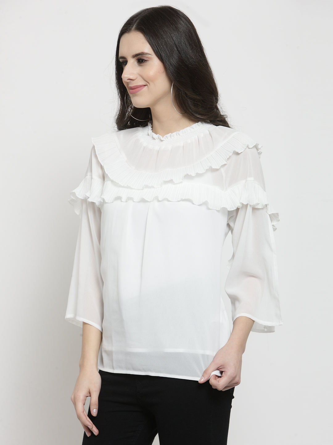 Women Solid Off-White Round Neck Top With Frills