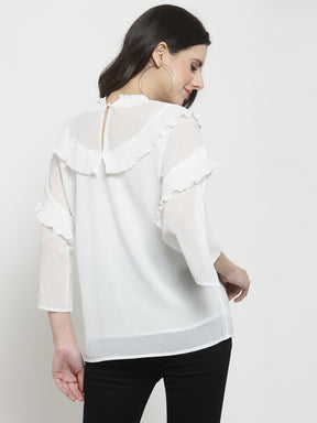 Women Solid Off-White Round Neck Top With Frills