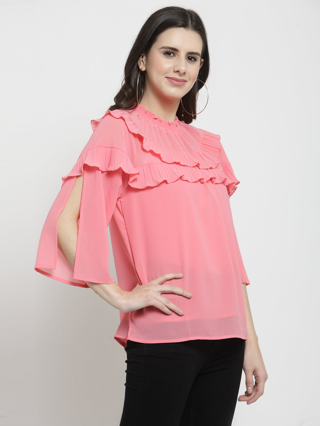 Women Solid Peach Round Neck Top With Frills