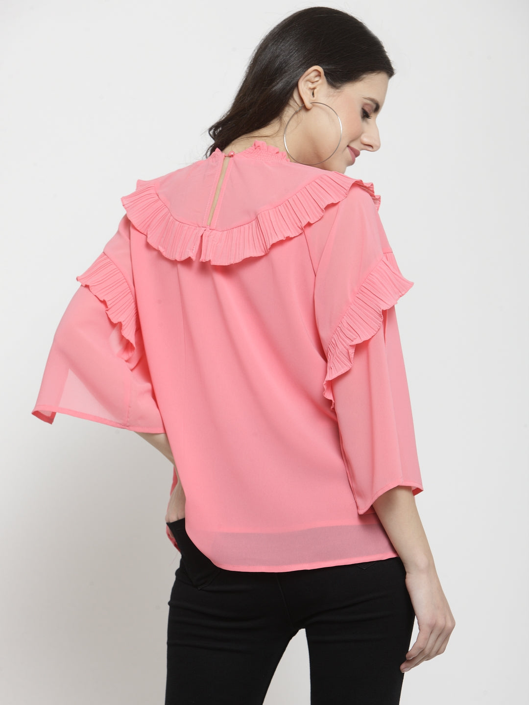 Women Solid Peach Round Neck Top With Frills