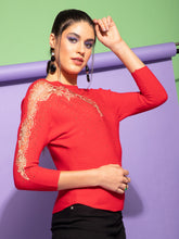 Women Embellished Red Woolen Regular Fit Party Pullover