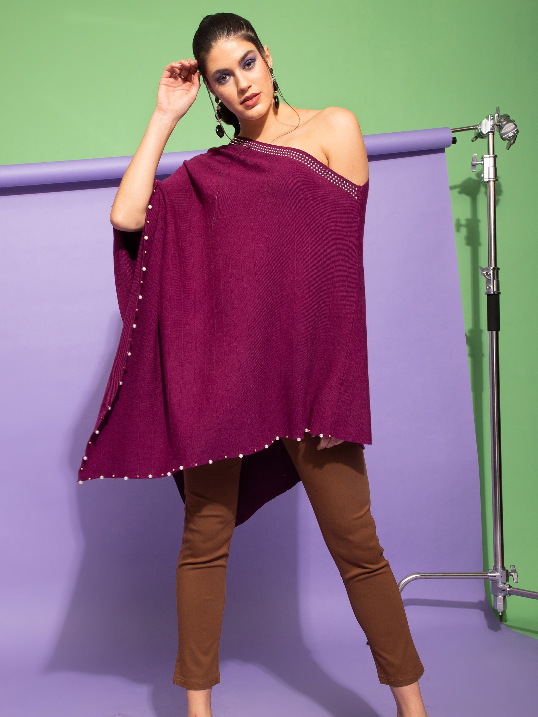 Women Solid Purple Woolen Loose Fit Casual Ponchu