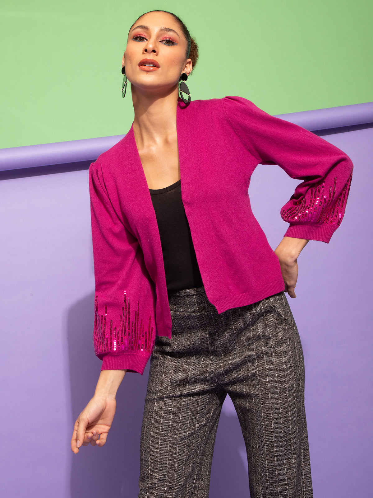 Women Embellished Purple Double Jersey Regular Fit Party Shrug