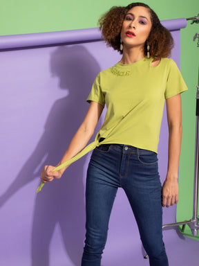 Women Regular Fit Bead Embroidered Green Top