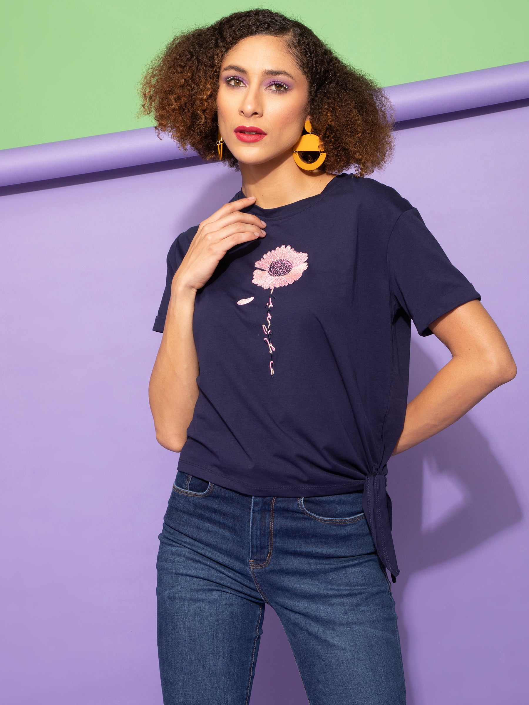 Women Embroidered Navy Blue Cotton Regular Fit Top - Global Republic