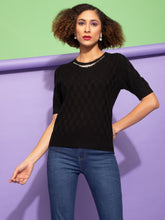 Women Embellished Black Woolen Regular Fit Casual Pullover