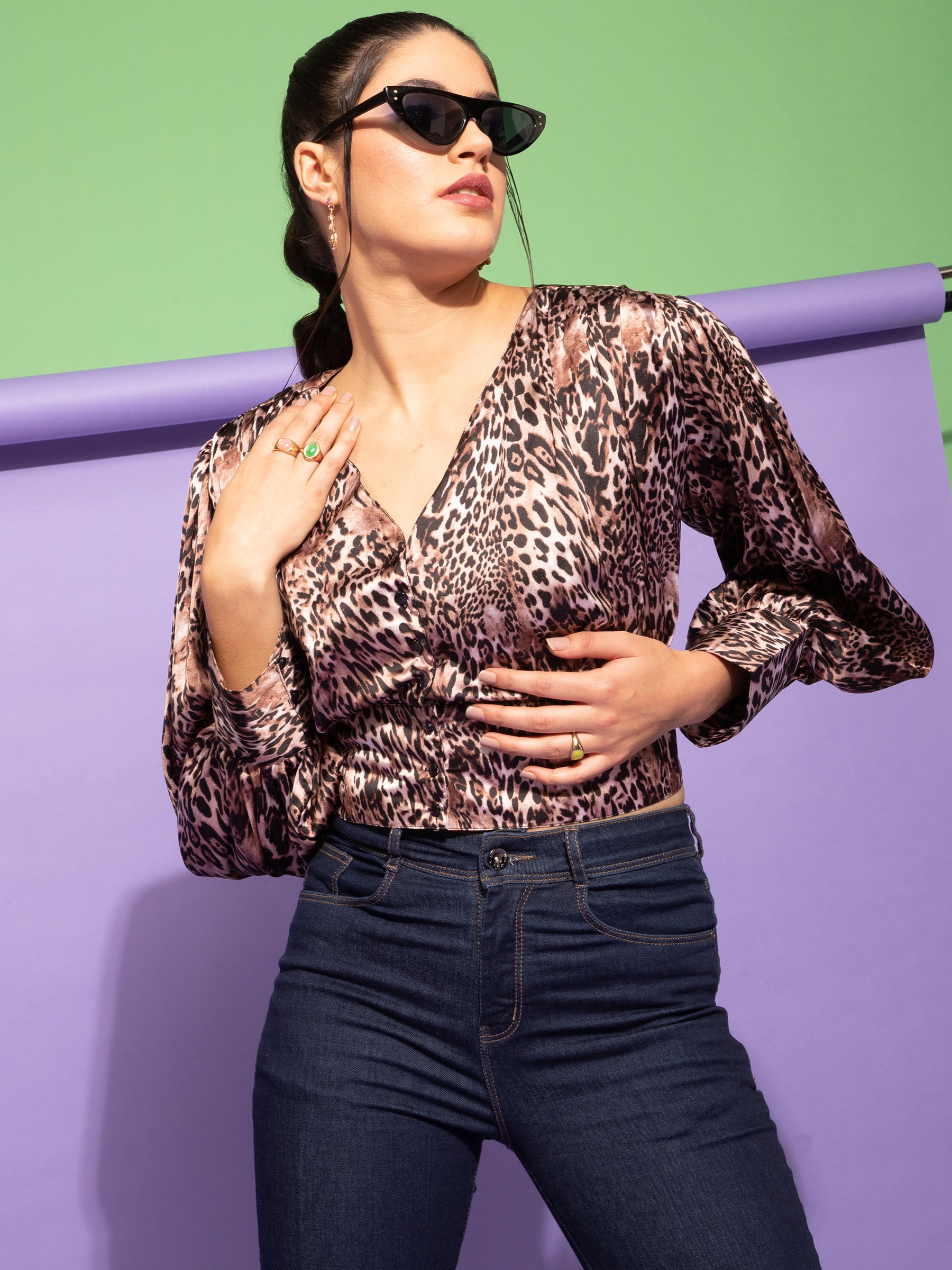 Women Animal Printed Brown Fitted Party Blouson Top - Global Republic