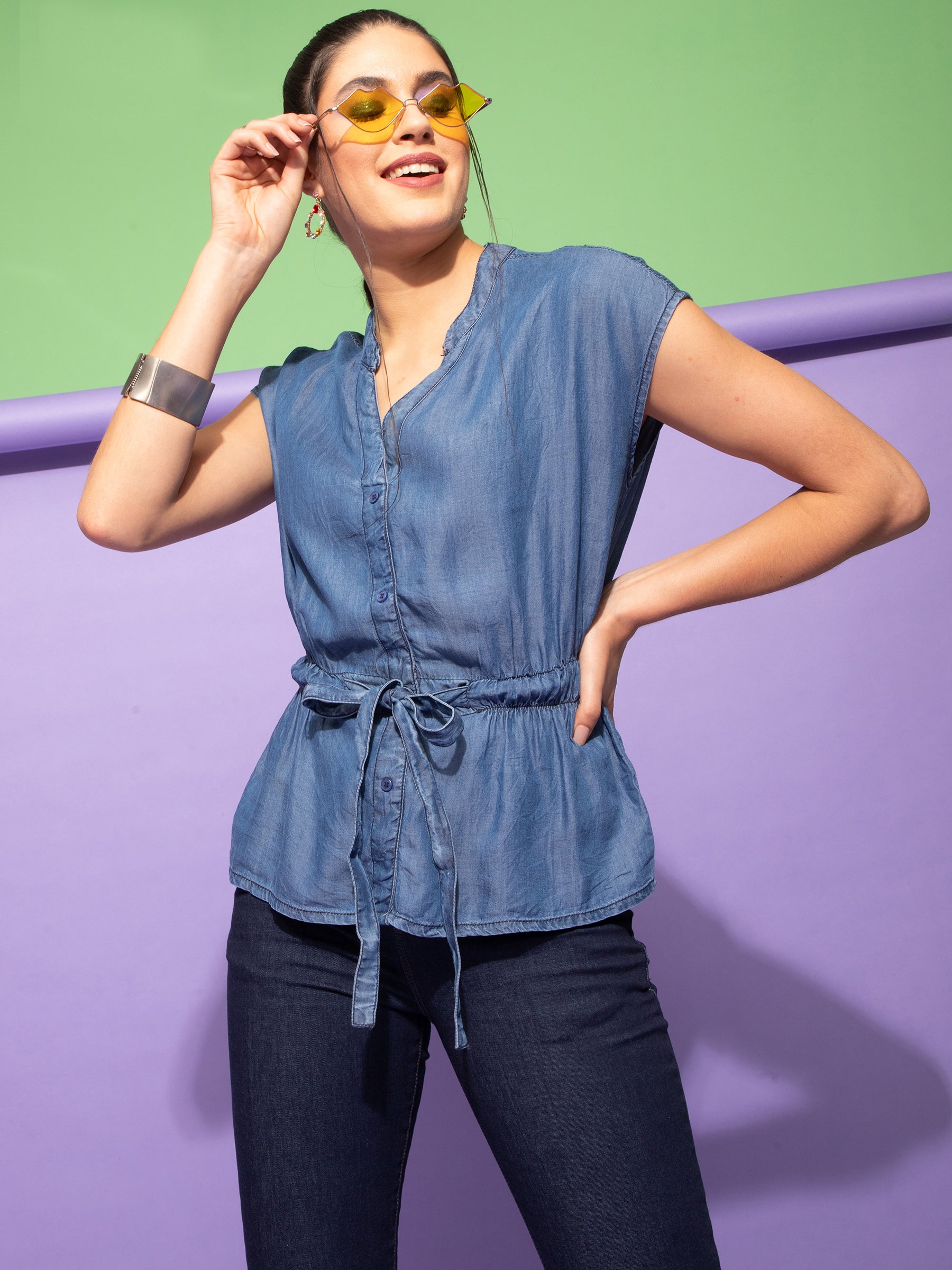 Women Blue Denim Regular Fit Blouson Top With Belt