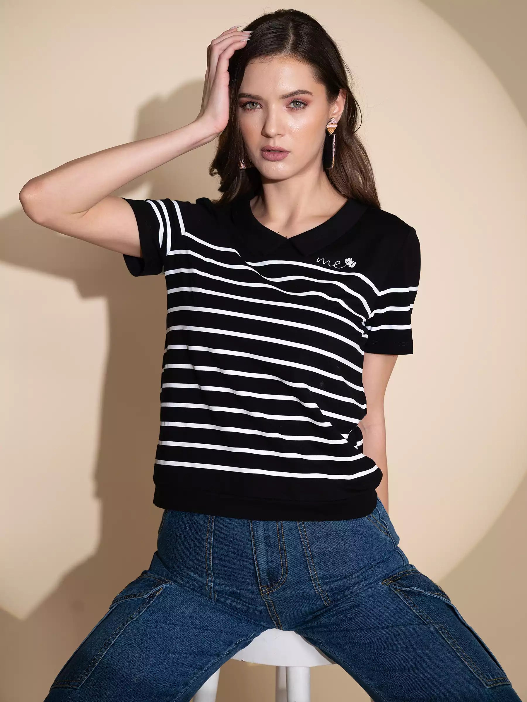 Women Black Collar Neck Striped T-Shirt S BLACK