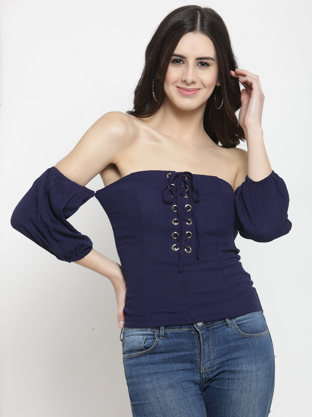 Women Navy Blue Solid Off Shoulder Fitted Tops