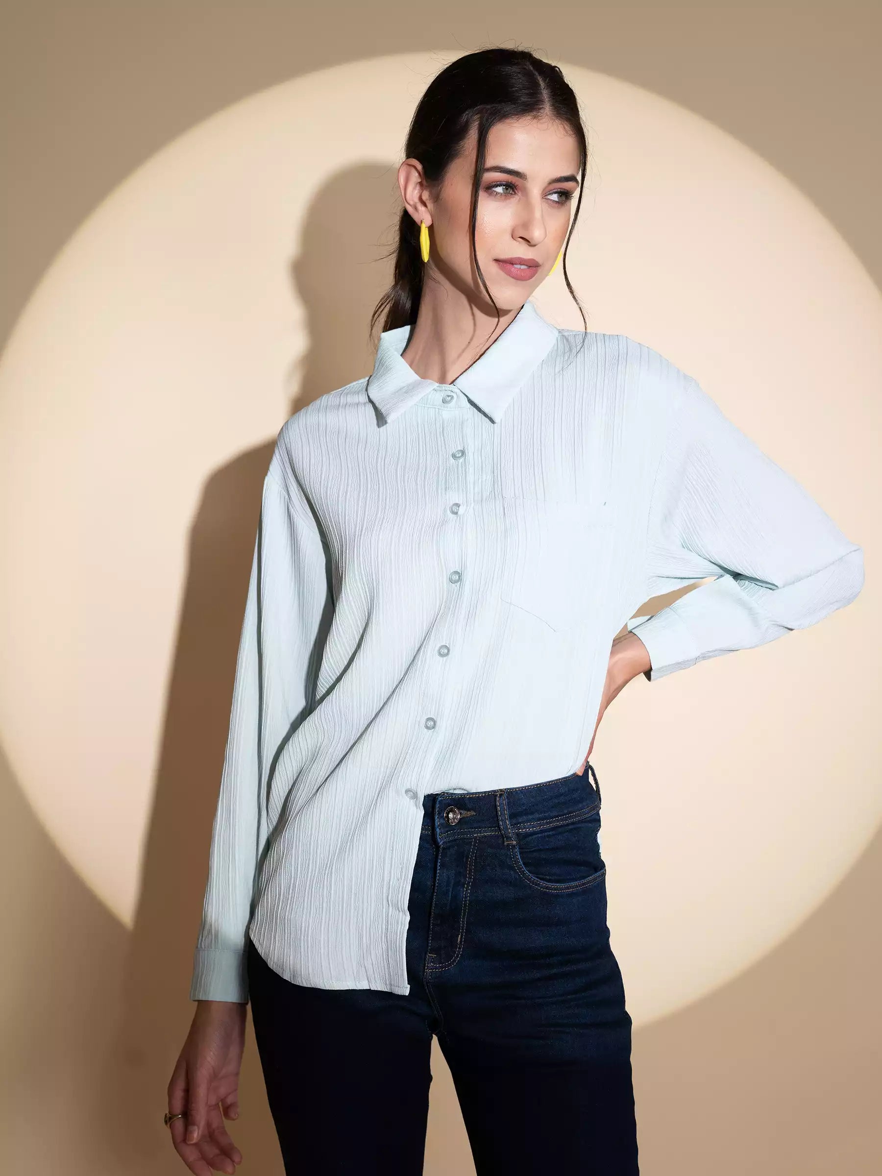 women blue collar neck solid shirt