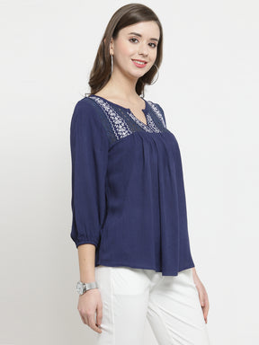 Women Navy Blue Embroidered  Top With Crochet Detail