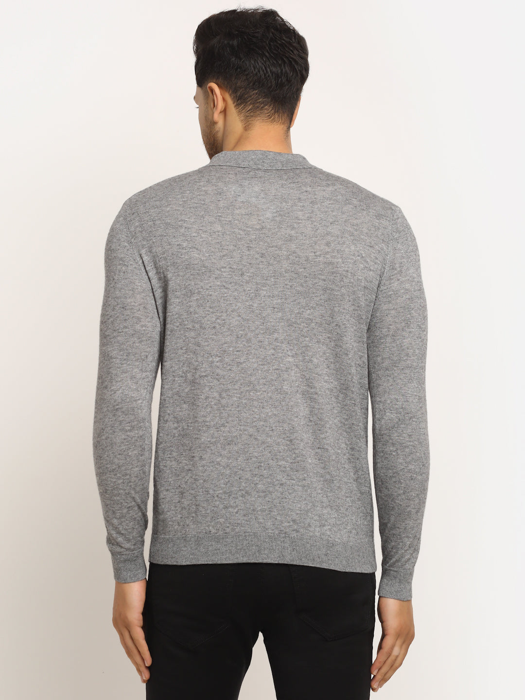 Men Grey Polo Neck Knit Solid Pullover