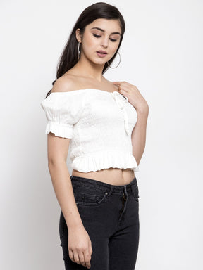 Women White Smocked Crop Top