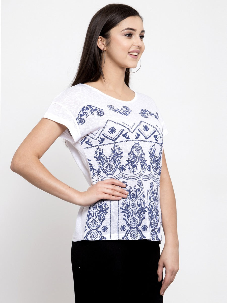 Women Embroidered White Round Neck T-Shirt