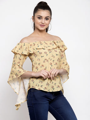 Women Flower Print Mustard Off Shoulder Top