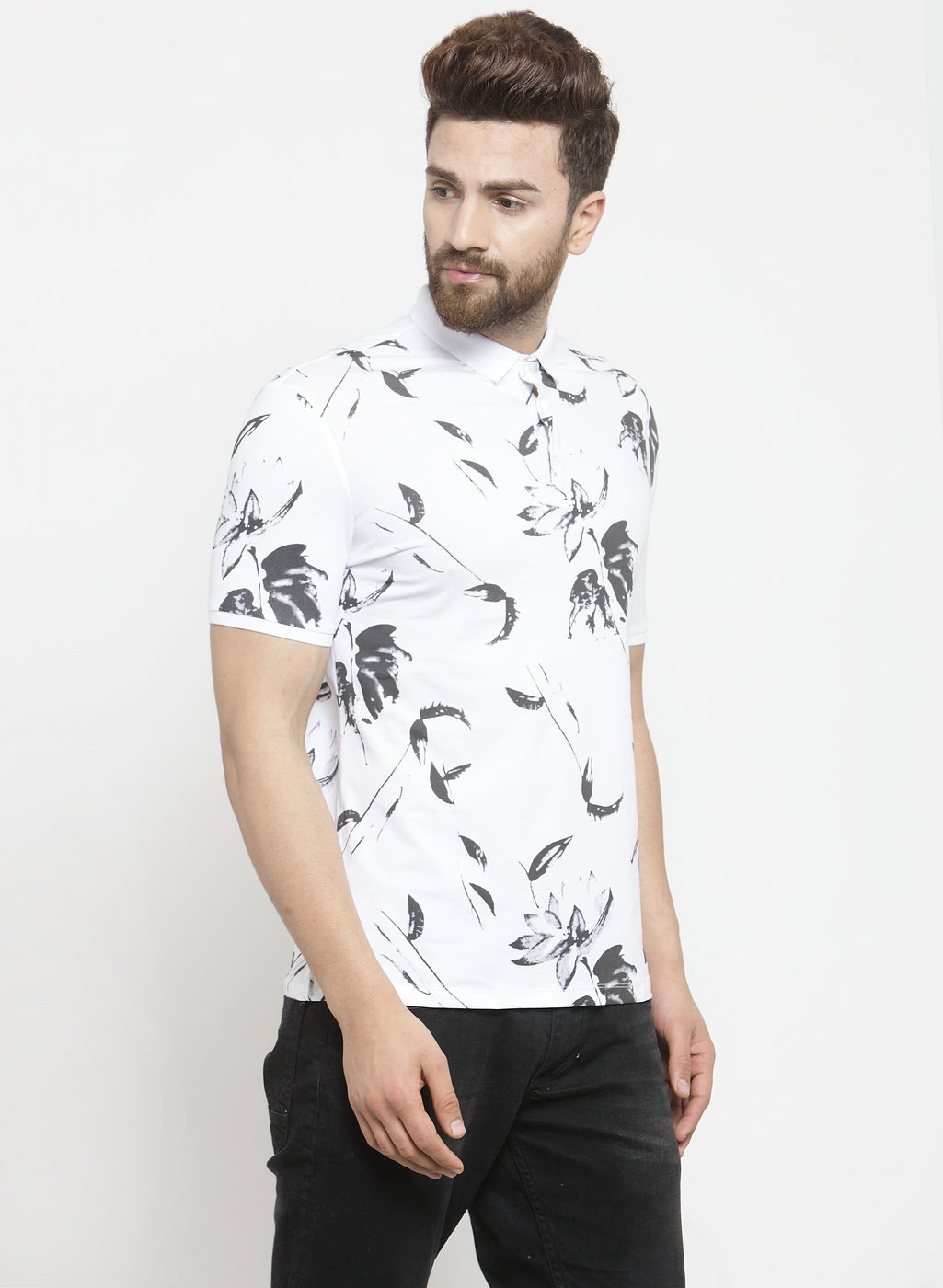 Men White Floral Printed Polo T-Shirt