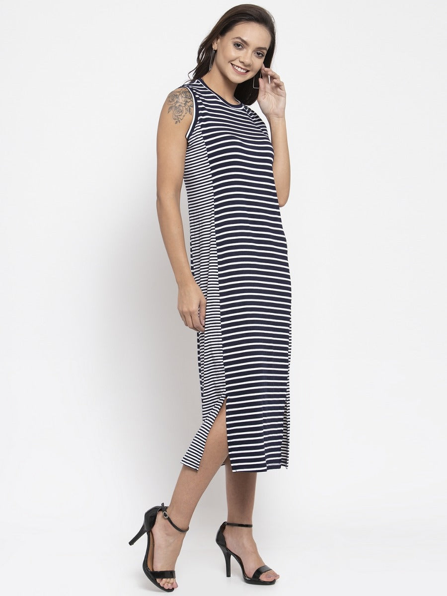 Women Navy Blue Striped Hosiery Dress
