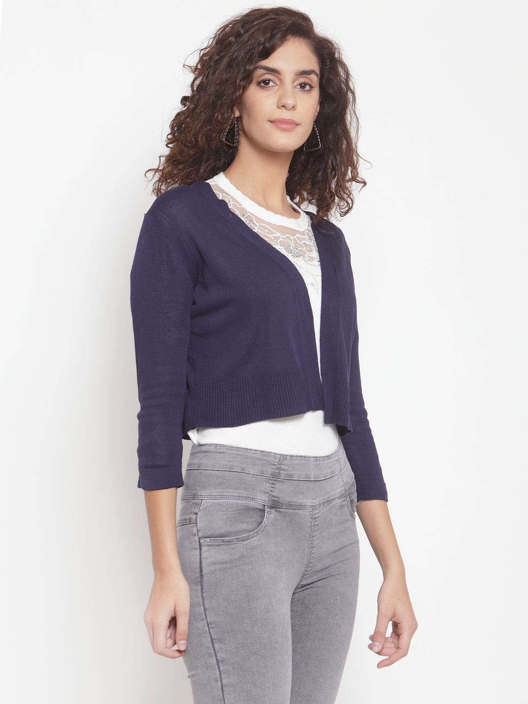 Women Solid Navy Blue Shrug