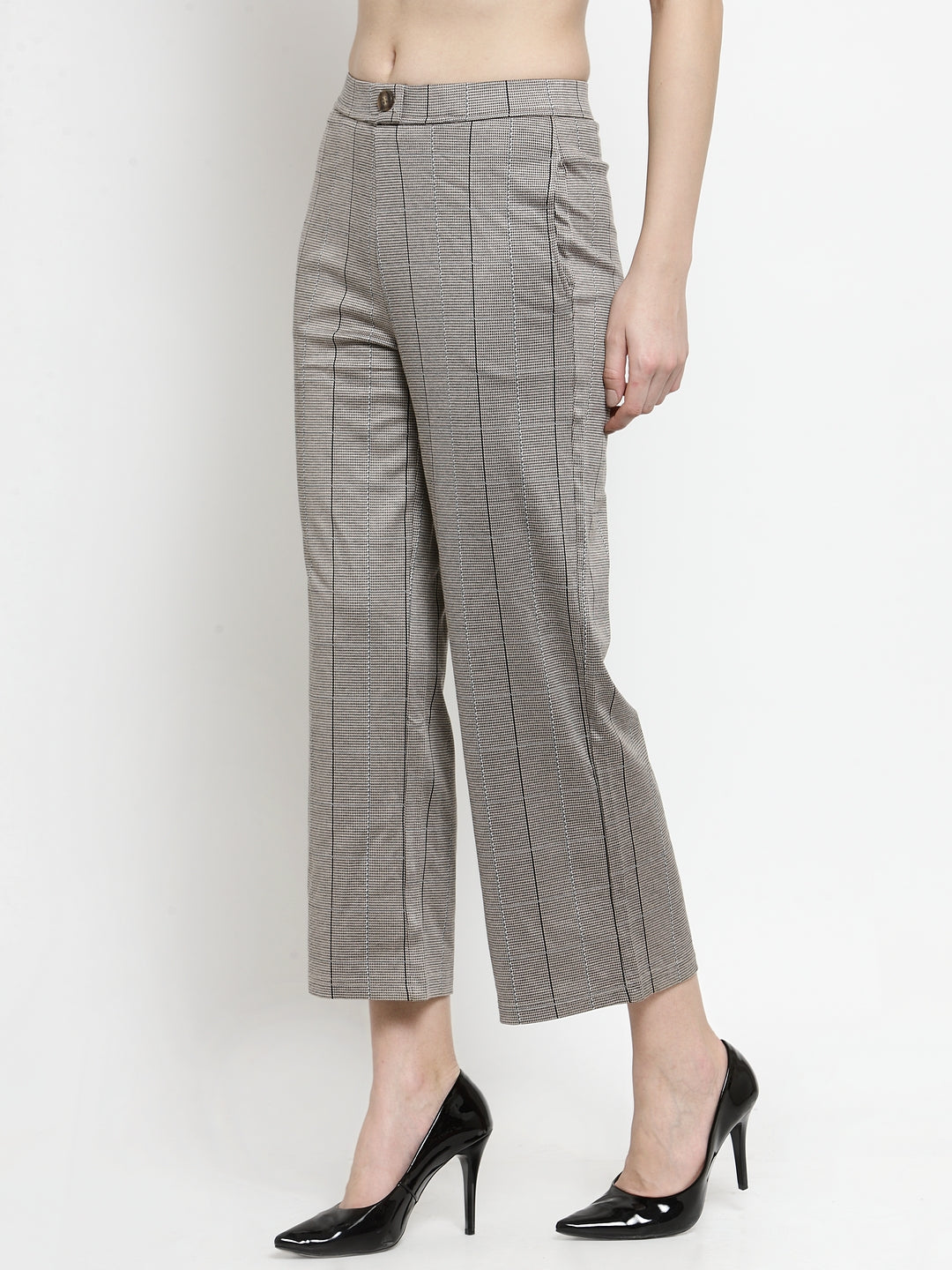 Women Brown Flared Trousers With Stripe Pattern
