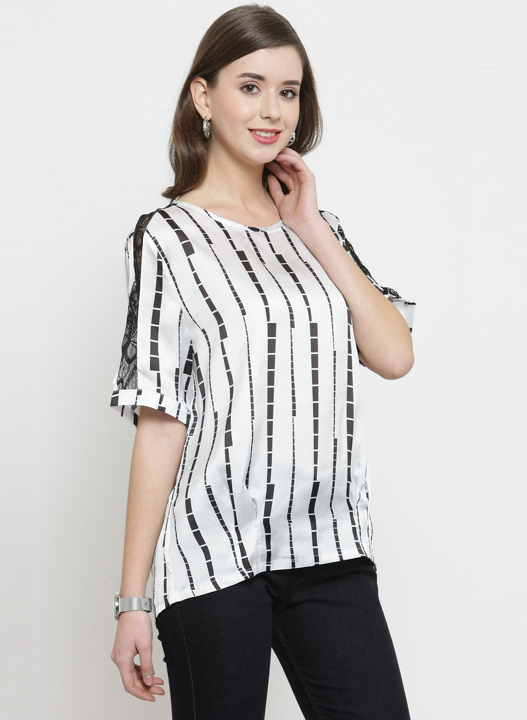 Women White Printed Top With Net Detail